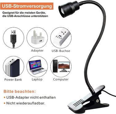 Світлодіодна приліжкова лампа з кліпсою Zoombare: диммер, гнучкий гусак, 3 режими світла, 10 рівнів яскравості, чорна