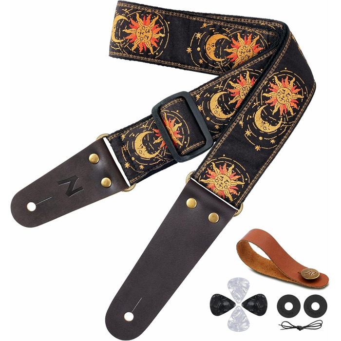 Гітарний ремінь Nefelibata Vintage з вишивкою, з шкіряними кінцями для бас-, електро- та акустичної гітари, з безкоштовною застібкою, 2 застібками та 4 медіаторами (Сонце та Місяць)