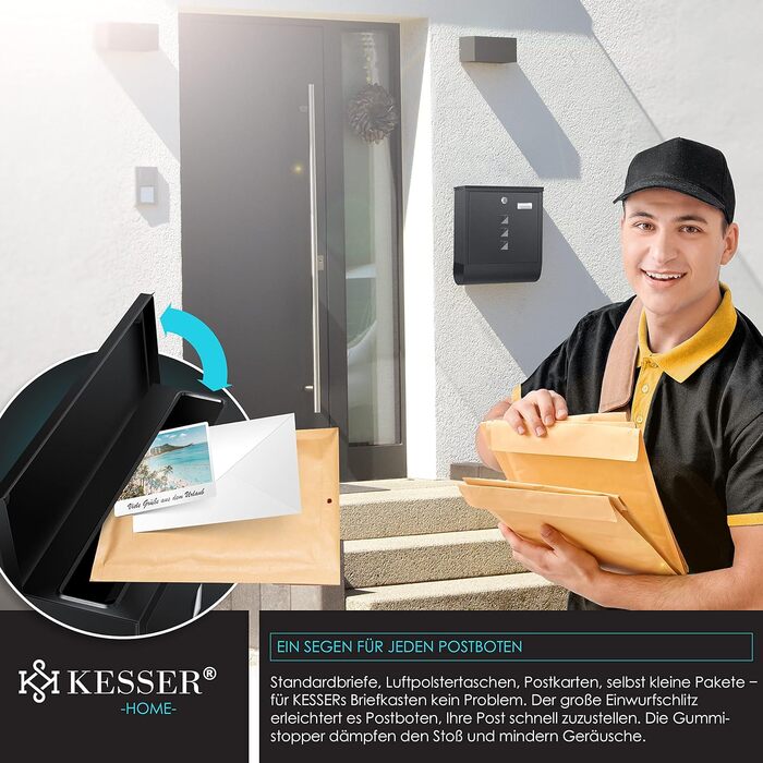 Поштова скринька KESSER® з газетним відділенням, іменним шильдиком, оглядовим вікном, нержавіюча сталь, чорний матовий, 3 ключі, настінний монтаж, велика, з матеріалом для кріплення
