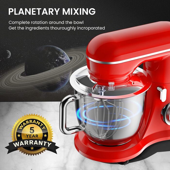 Кухонна машина з міксером, 10 швидкостей, 4.5л, з набором насадок (для випічки, тіста, збивання) - червона
