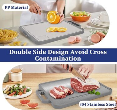 Ніжне нарізне дошка XIAPIA з нержавіючої сталі 304 та пластику з точилкою для ножів, 44x30x2,6 см, велика кухонна дошка з антибактеріальним покриттям, без BPA, з вбудованим ручкою та лінійкою, сіра