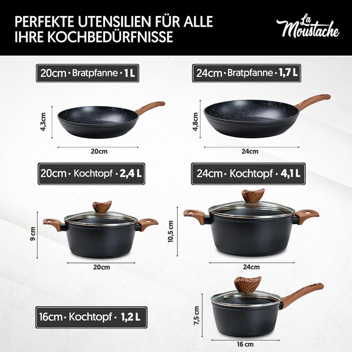 La Moustache - 8-Piece Cookware Set, Non-Stick Aluminum, 3 Pots with 3 Tempered Glass Lids and 2 Frying Pans for All Cooktops, Including Induction (Onix)