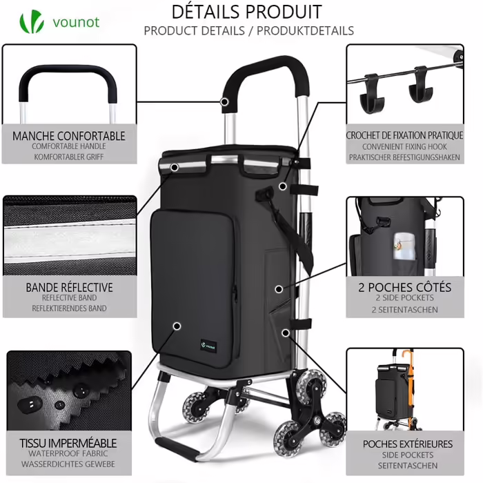 VOUNOT® Aluminum Shopping Trolley Stair Climber, 3-in-1 Trolley Shopping Cart Foldable, Hatching Cart with Cooler Compartment and Hooks, 6 Wheels & Large Capacity, Waterproof, (60L, Black)