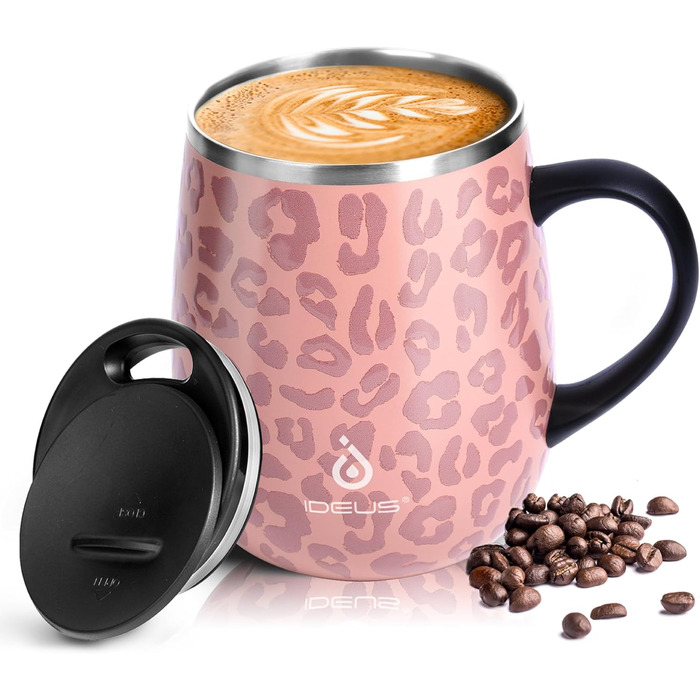 Термокружка Ideus 470 мл з нержавіючої сталі, подвійні стінки, ізоляція, з кришкою-ковпачком, протиковзкий наклад, зелений/рожевий (Leopard Rosa)