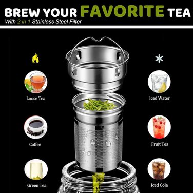 Double-walled glass tea bottle, 1 liter with 2-in-1 stainless steel infuser for on-the-go use, 1000ml large volume. Tea bottle 100% leak-proof, 1 l (600ml suitable for office/roadtrip/school/on the go)
