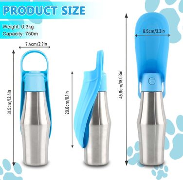 Фляга для собак Taozoey 750мл: водопоїльник для тварин, антибактеріальний, витікoзахисний, для подорожей, прогулянок, кемпінгу (зелений/блакитний)