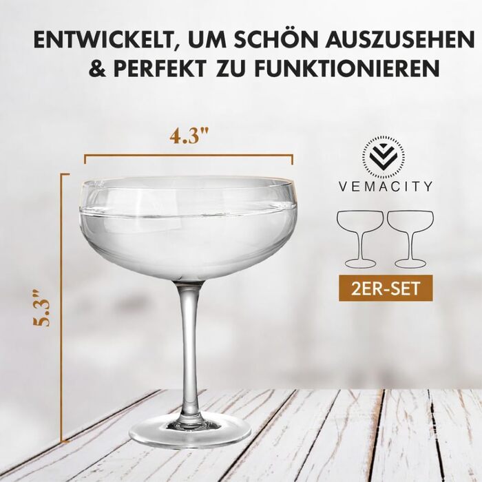 Набір келихів для мартини Vemacity Elegante Espresso Martini (4 шт.) | Келихи для коктейлів ручної роботи | Келихи для шампанського та маргарити | Прозорі келихи для мартини | Ідеальний подарунок (2 келихи + аксесуари)