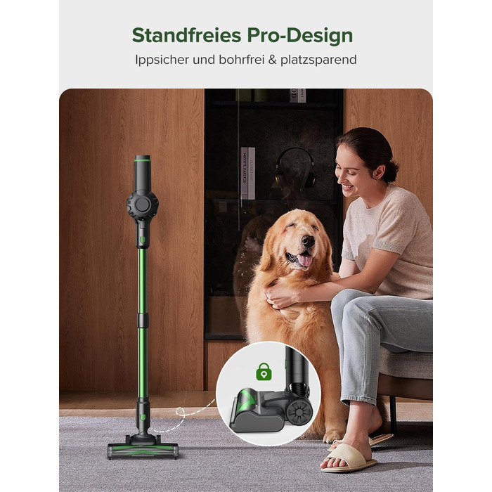 Бездротовий пилосос Vexilar Akku: 60 хвилин роботи, 45 kPa, 550 W, безщітковий мотор, LED дисплей, 6-в-1, тихий, для дому/авто, тверді підлоги, килими, шерсть тварин, зелений