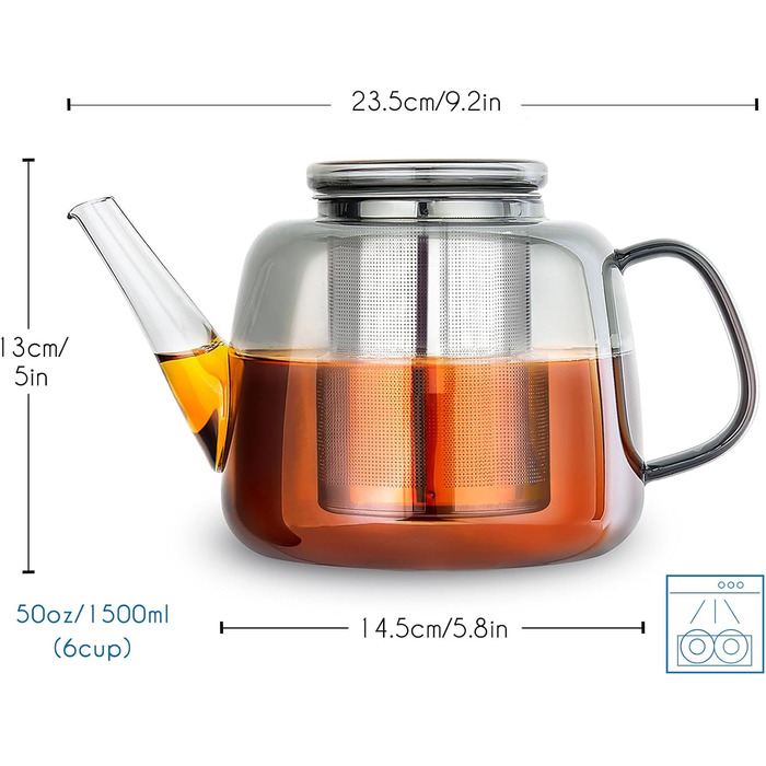 Скляний чайник Easyworkz з боросилікатного скла 1500 мл з вийманим ситом із нержавіючої сталі для листового, фруктового та трав'яного чаю (димчасто-сірий)