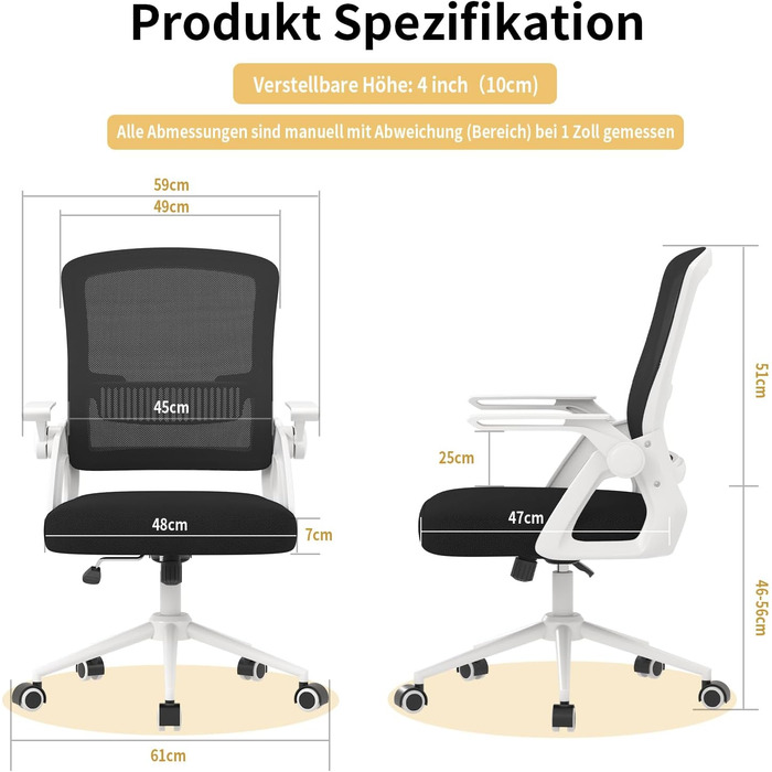 Офісний стіл Naspiro Ergonomischer Bürostuhl: регульований, з сітчастою спинкою та підлокітниками, з підтримкою попереку, для дому та офісу (чорний/білий)