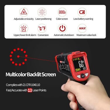 Інфрачервоний термометр лазерний цифровий -37°F~1022°F (–50°C～880°C) - Ідеально для приготування їжі, барбекю та холодильників