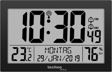 Technoline WS 8016 Modern Digital Radio Wall Clock with Temperature Display, Plastic, White, 225 x 143 x 24 mm WS8016WEISS (Black, Single)