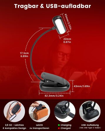 Ліхтарик для читання з червоним світлом 670 нм, кліпса на книгу, з функцією пам'яті, димування та USB-зарядкою. Без синього світла, портативний, для ліжка та захисту очей.