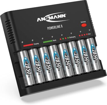 Зарядний пристрій Powerline 8 для акумуляторів AA/AAA з LED-дисплеєм, визначення дефектів та захистом від перевантаження (зарядний пристрій + 8 x 2850 акумуляторів)