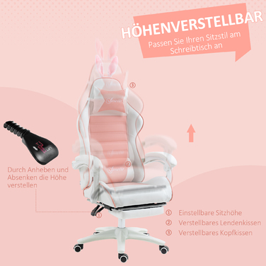 Vinsetto Gaming Chair Ergonomic Gamer Chair with Lumbar Support, Footrest, Gaming Recliner with Bunny Ears, Head Pillow, Height Adjustable Office Chair with Adjustable Recline Function Pink | Aosom