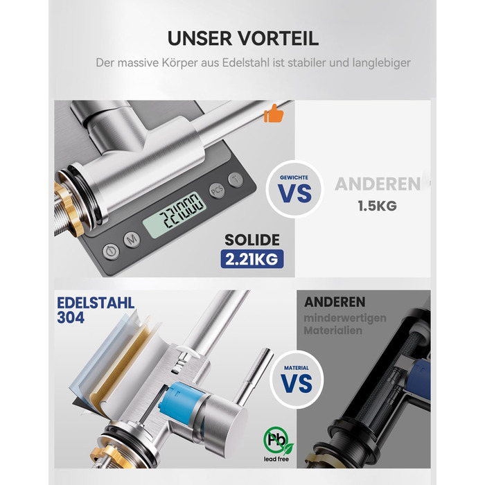 Змішувач кухонний Sofetiy висувний з душем, нержавіюча сталь, 360° поворот, одноlever, 2 режими струменя