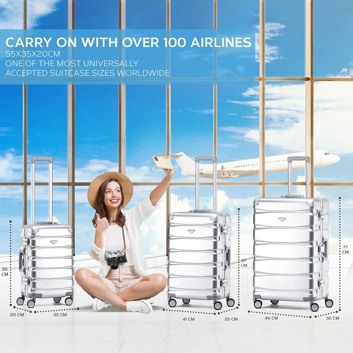 Набір валіз Flight Knight Premium: S (55x35x20cm), M (67cm), L (77cm) – алюмінієвий каркас, ABS, 8 коліс, захист від злому, ручна клада, для подорожей