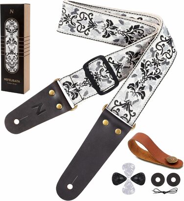 Гітарний ремінь Vintage з вишивкою з бавовни з кінцями з натуральної шкіри для бас-гітари, електро- та акустичної гітари, з безкоштовними кнопками для ремінця, 1 пара замків для ремінця та 4 медіатори D# - Біла квітка