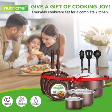 Nutrichef Frying Pans & Induction Cookware Set, 14-Piece Frying Pan Set & Pot Set Induction, Pots & Pans with Cool-Touch Handles PFOA/PFOS-free – Non-Stick – Aluminum with Stainless Steel Edges – Oven-Safe Brown