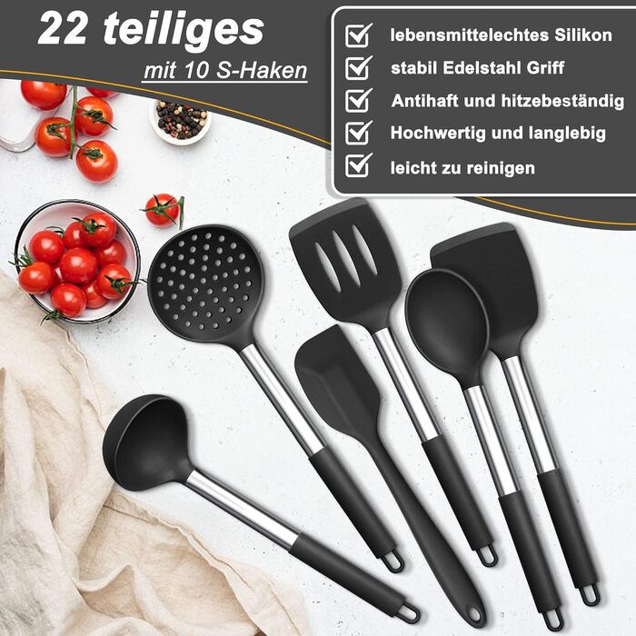 Набір кухонного приладдя Herogo (22 предмети) з підставкою, силікон та нержавіюча сталь, чорний