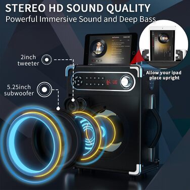 Караоке-система з 2 бездротовими мікрофонами, Bluetooth 5.3, LED-підсвітка, регулятор басів/високих, пульт ДК, FM/AUX/USB/TF, чорний