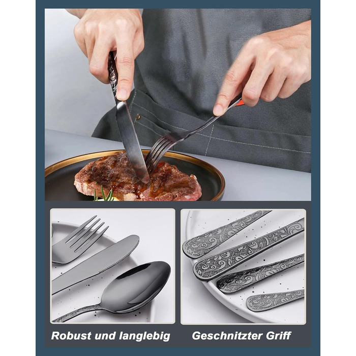 Набір столових приборів з нержавіючої сталі в вінтажному стилі на 6 осіб (чорний, 24 предмети) - ножі, виделки, ложки