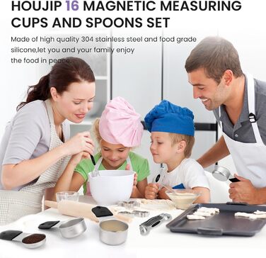 Magnetic Measuring Cup and Spoon Set, Durable 304 Stainless Steel, Double Measuring Markings, 16-Piece Set with Leveler for Measuring Dry and Liquid Ingredients (Color)