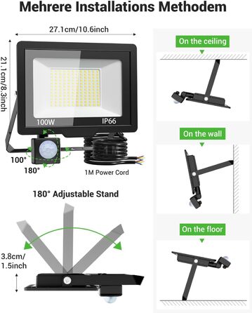nipify LED прожектор із датчиком руху для вулиці, 2 шт, 30W 3000Лм, IP65, холодне світло 6500K, довгий кабель 100 см, для складу, саду, готелю, двору (100W)