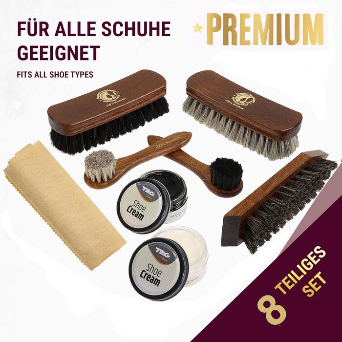 Premium Rosshaar Shoe Brush Shoe Care Set - 2 x Extra-Large Polishing Brushes - 2 x Rosshaar Application Brushes - 2 x Brand-Name Shoe Cream - Coconut Fiber Dirt Brush - Shoe Care Made in Germany