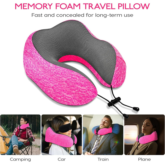Подушка для шиї у літак - подушка для подорожей 100% Memory Foam - портативна подушка для літака - з 3D-маскою для сну та берушами - ідеальна для крісла літака, авто, дому, офісу, подушка для сну (Рожева)