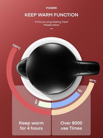 Електричний чайник FOHERE з регулюванням температури 1.7L, LCD дисплеєм (40°C - 100°C), чорний, з підігрівом до 240 хв, 2200W