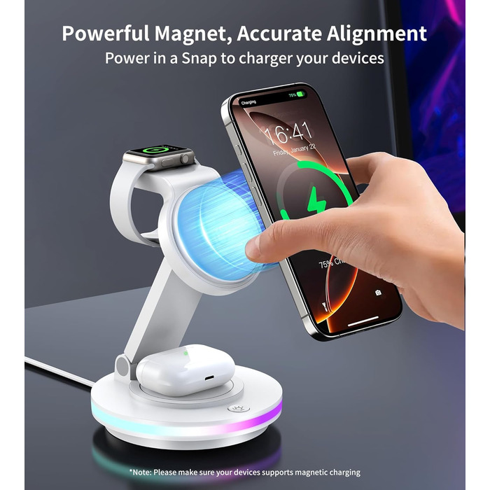 Зарядний пристрій MagSafe 3-в-1 для Apple Watch та iPhone, складний, поворотний з регулюванням світла, бездротовий зарядний станція MagSafe для iPhone 16/15/14, AirPods (без адаптера)