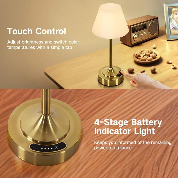 Світлодіодний акумуляторний настільний світильник OUTON 2 шт, USB-C, 3 режими освітлення (3000K-6000K), сенсорне керування, IP54, 53 год, золотий - для ванної, кухні, вулиці