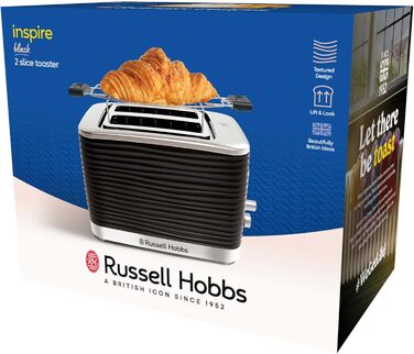 Тостер Russell Hobbs Inspire для 2 скибок, чорний, 6 режимів, широкі відділення, підставка для булочок, розморожування та підігрів