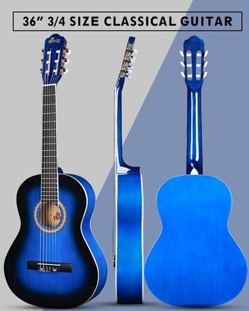Кітара класична Winzz 4/4 для дорослих та дітей (від 11 років), чорний глянцевий, набір для початківців, 39 дюймів, блакитний (3/4)