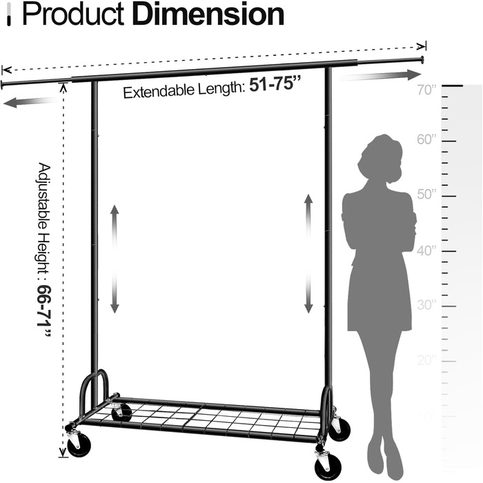 Heavy-Duty Clothes Rack, SPECILITE 2-in-1 Clothes Rack Stable with Wheels and Shelves, Load Capacity 217 KG, Adjustable Metal Heavy-Duty Garment Rack on Wheels (Black)