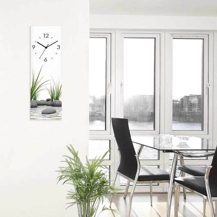 ARTLAND Wall Decoration Wall Clock No Ticking Sounds Glass Radio Clock 20x60 cm Rectangular Silent Natural Design Zen Spa Stones Asian Modern T6CD