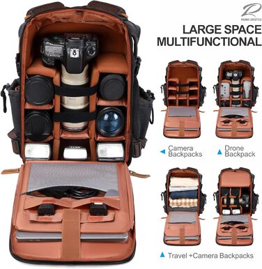 Рюкзак для фотокамери Padwa Lifestyle з вощеного полотна, 16' відділення для ноутбука/об'єктивів та відділення для штатива (Чорний, 30 літрів, Canvas)