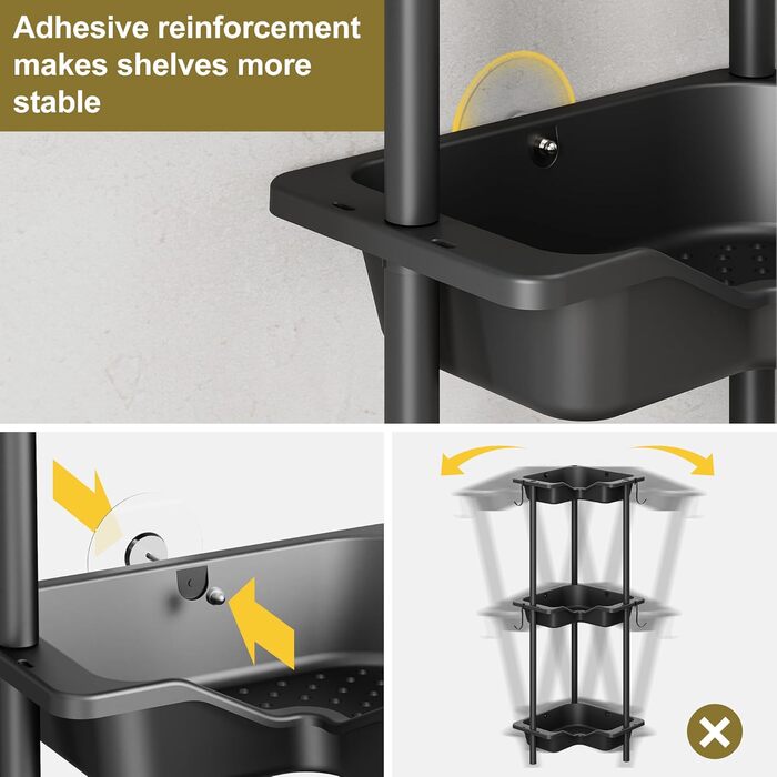 Orimade 4-Piece Shower Caddy Standing Stainless Steel, Corner Shower Shelf Freestanding with 4 Hooks, Plastic-Metal Combination Shower Baskets Floor Standing for Bathroom, 10 x 10 x 44.6 inches Black