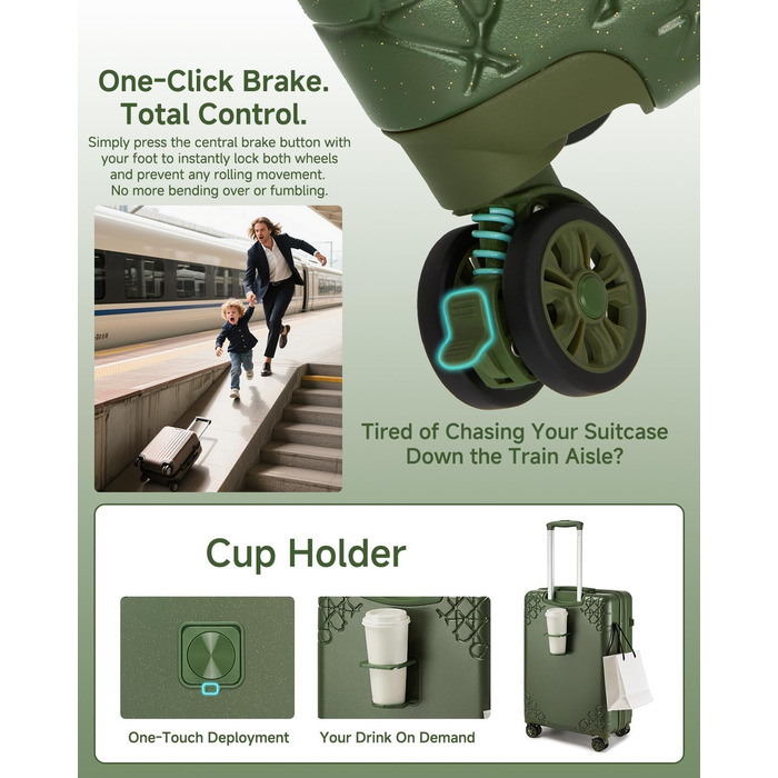 Набір валіз Sea Choice: 3 валізи з жорстким корпусом, розширювані, з 4 колесами, легкі, з TSA замком (зелений, ручна поклажа 20 дюймів)