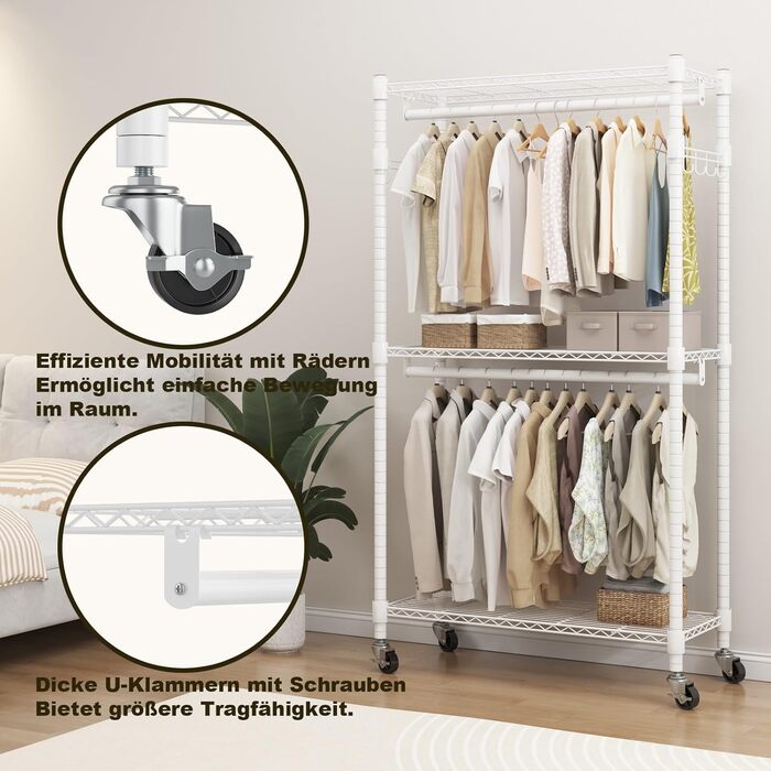 Double Clothes Rack/Garment Rod with Adjustable Shelves, Heavy-Duty Clothes Rack with 2 Hooks, Rolling Clothes Rack, 90 * 42 * 205cm, White (White, 60*42*205cm)