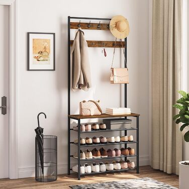 HOOBRO Coat Rack, Shoe Rack with Coat Rack, Clothes Rack with Shoe Storage, Shoe Cabinet with 5 Tiers, for Entryway, Dark Brown EBF80MT01G2