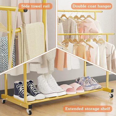 Clothes rack with double bar, rolling clothes rack, portable clothes rack for bedroom, living room, clothing store, gold