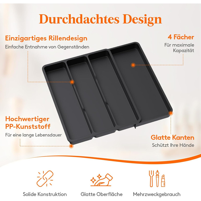 Органайзер для столових приборів Lifewit в шухляду, розширюваний 43.9 см, чорний, 30-44x40x4.6 см