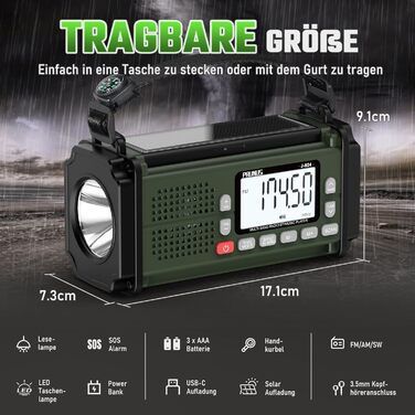 Радіо PRUNUS J-924S AM/FM/SW: Кисневе радіо, радіоприймач для надзвичайних ситуацій з сонячною панеллю, акумулятором 10000mAh, ліхтариком, SOS-сигналом та функцією зарядки телефону. Ідеально для відпочинку на природі, відключень електроенергії та надзвича