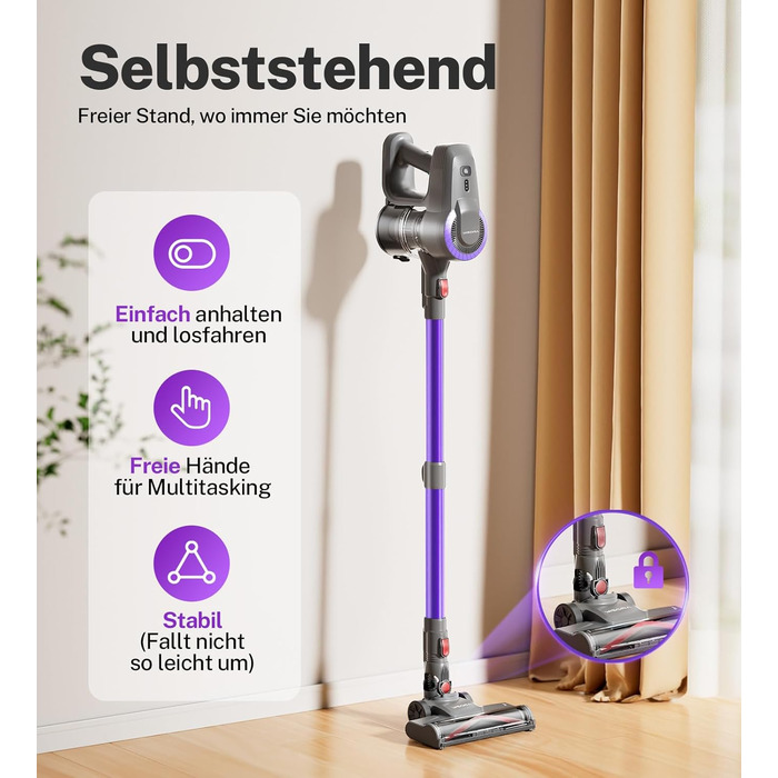 Бездротовий акумуляторний пилосос з потужністю 25000Pa, 175W, час роботи 50 хвилин. З антизаплутувальною насадкою та самостійне зберігання. Легкий ручний пилосос для твердих підлог, килимів, шерсті тварин. Колір: Taro-violett