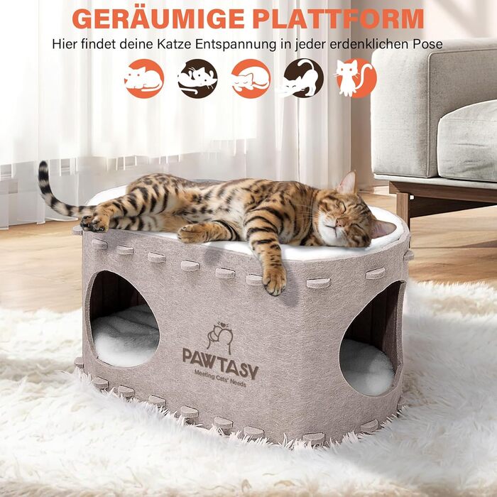 Felt Cat Cave Cat Bed, Cat House for Indoor Cats, Cave with 2 Soft and Warm Cushions, Winter-Proof, Protects Cat Claws, 58W x 33D x 30H cm, Beige