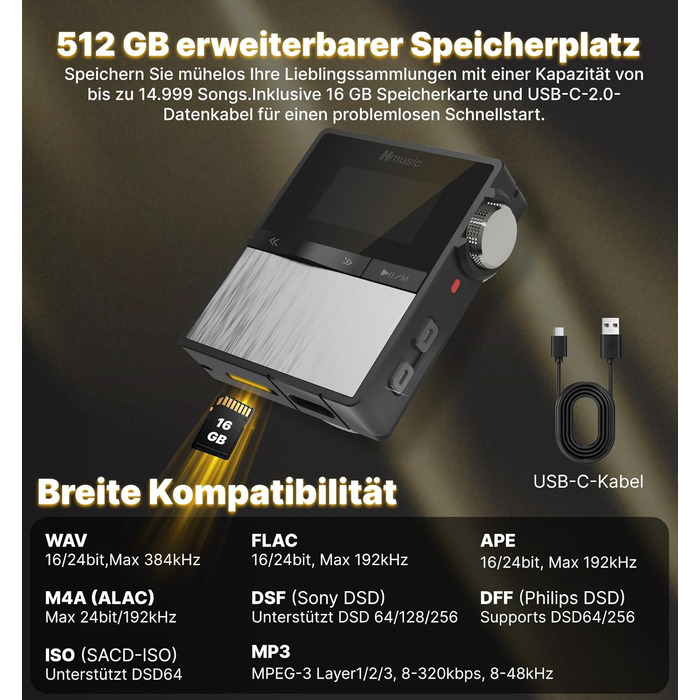 MP3-плеєр Hmusic P68 HiFi з кліпсою, Bluetooth, 16GB + карта пам'яті 128GB, підтримка DSD, Hi-Res аудіо