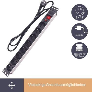 Розподільник живлення Perel PDU з 8 розетками типу E, вимикач та захист від перенапруги, кабель 2.15 м, 3680 Вт для 19-дюймової стійки, серверної, офісу та IT-середовища