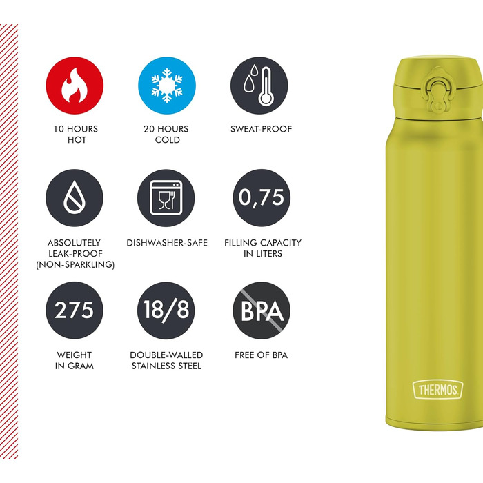 Термос THERMOS Ultralight 0,5 л, нержавіюча сталь, зберігає тепло 10 год / холод 20 год, герметичний, для води, чаю, 750 мл (Glowing Green)
